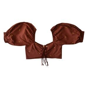 Urban Outfitters Another Girl Brown Embroidered Puff Sleeve Cropped Top